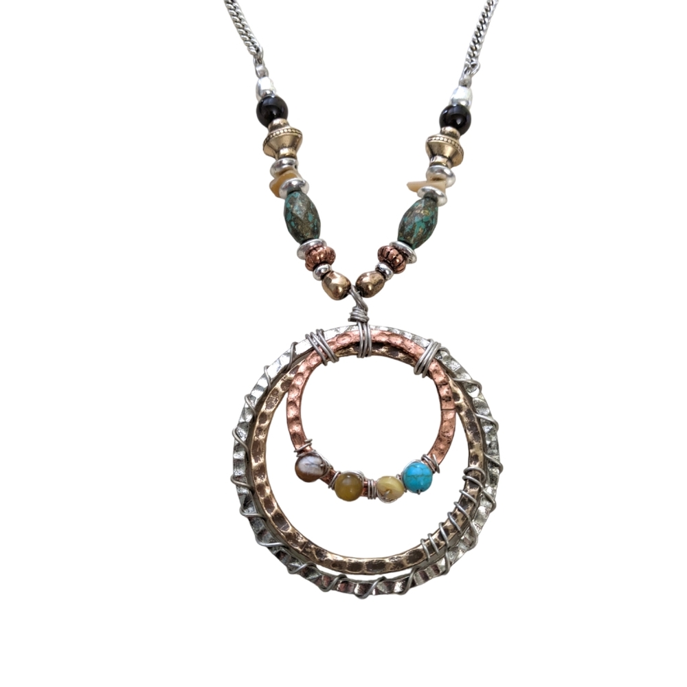 Three Tone Metal Circle Pendant Statement Necklace Beaded